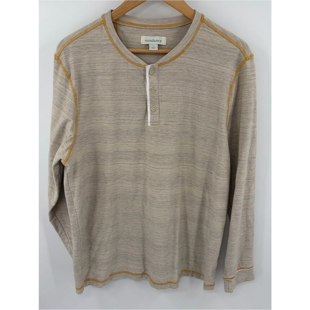 Sundance long sleeve beige gray Henley shirt men’s L preppy